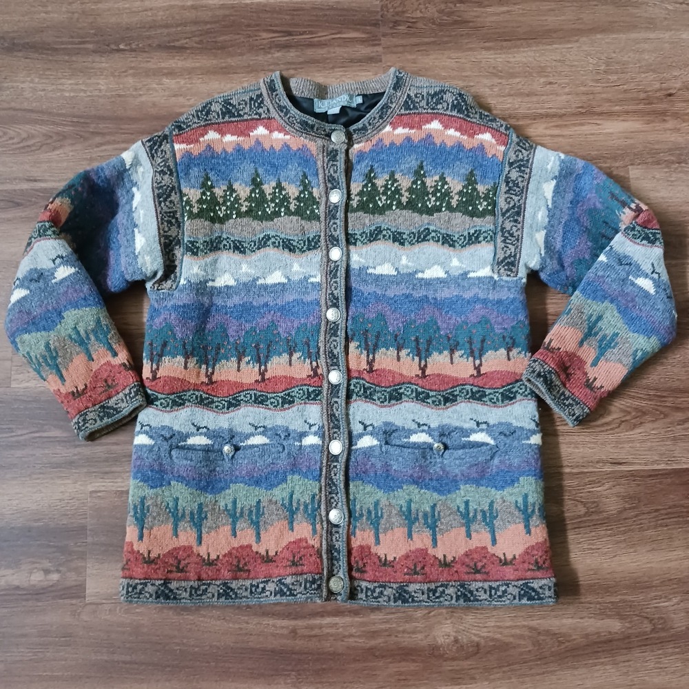 Vtg Icelandic Design Sweater Large Tree Cactus Nordic Cardigan Wool Button